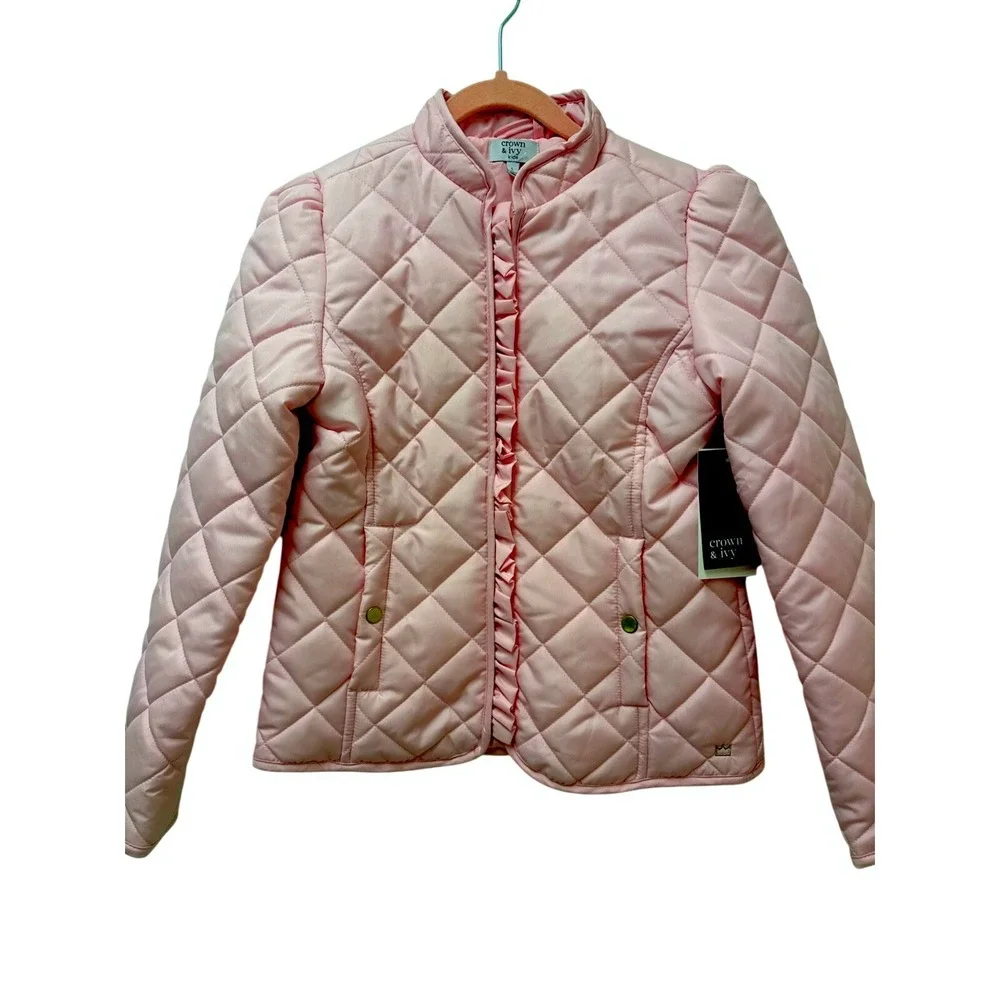 Crown & Ivy Kids Meadow Pink Quilted Ruffle Zip‎ Jacket Mock Neck Large NEW